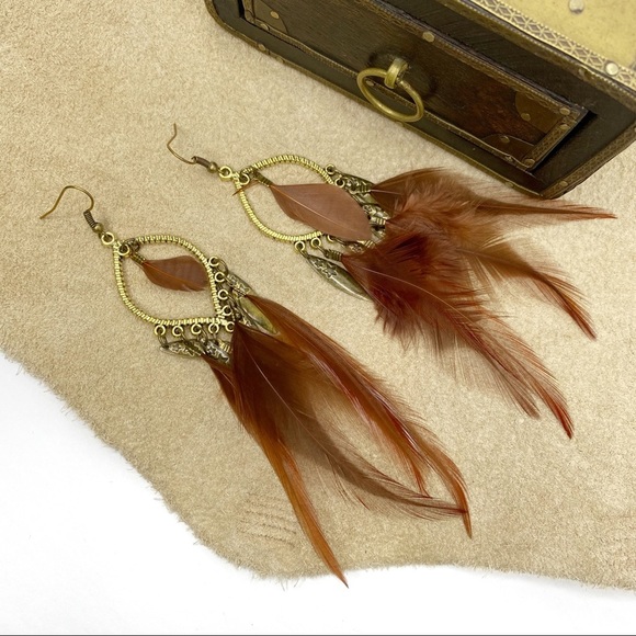 3/$15 Brown Bohemian Feather Earrings - Picture 1 of 2